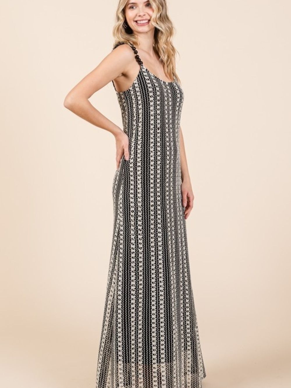 Black and Cream Beaded Shoulder Straps Crochet Tank Maxi Dress Sz 1X